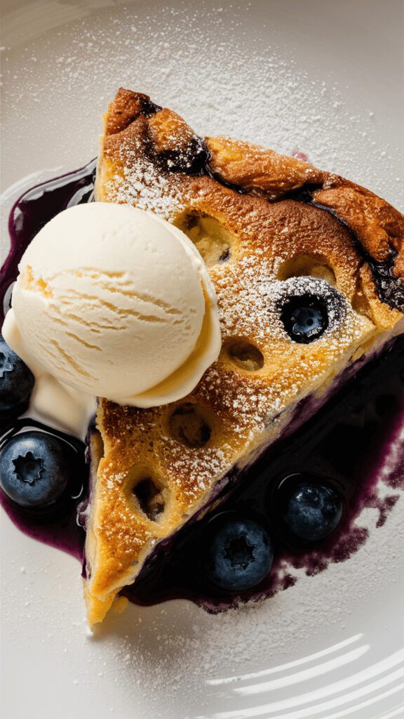 Blueberry clafoutis with a golden crust and fresh blueberries, served in a baking dish