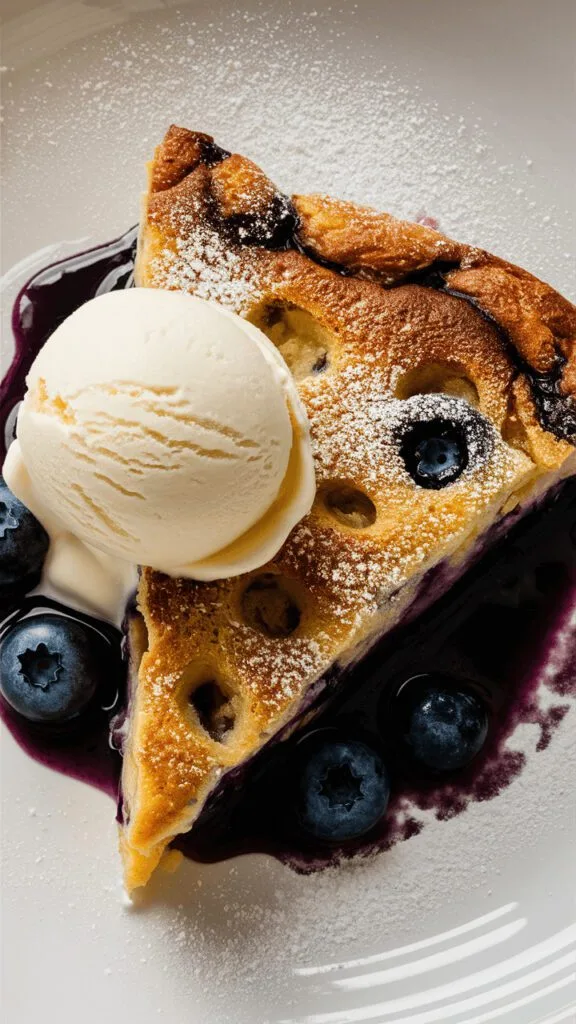 Blueberry clafoutis with a golden crust and fresh blueberries, served in a baking dish