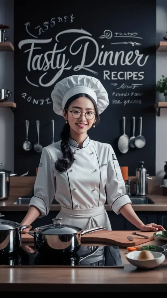 Tasty Dinner Recipes team cooking together in a rustic kitchen, fresh ingredients on wooden table