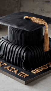 A 3D graduation cap cake with a square fondant top and a tassel, made in school colors.
