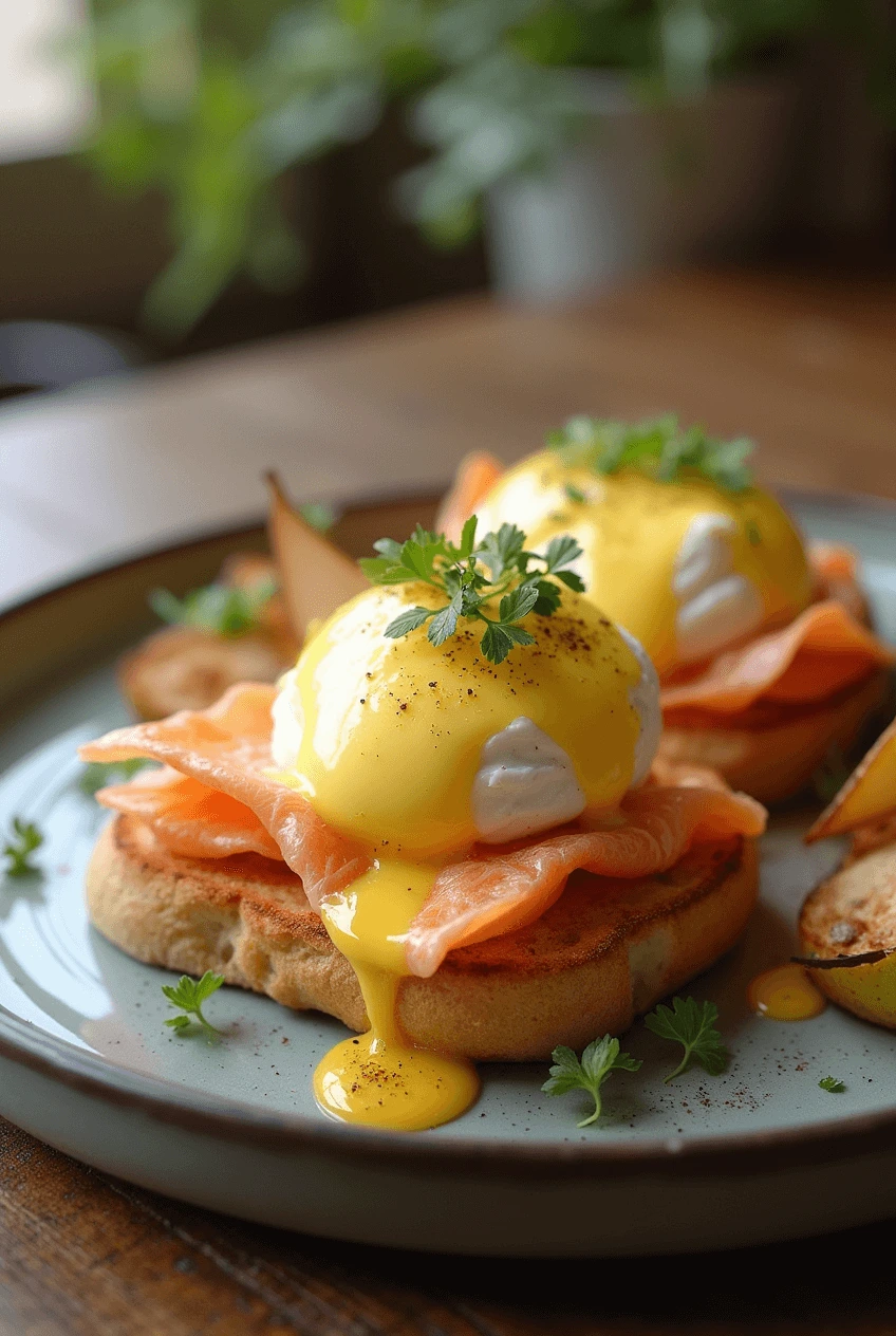 Eggs Benedict with a French Twist featuring croissants, smoked trout, pear slices, poached eggs, and Champagne Hollandaise sauce, garnished with dill and chives.