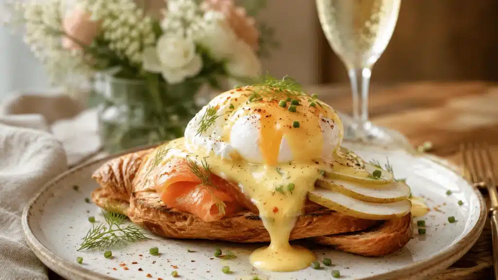 Salmon and Pear Eggs Royale on toasted croissant with Champagne Hollandaise sauce and fresh dill