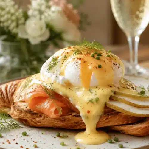 Salmon and Pear Eggs Royale on toasted croissant with Champagne Hollandaise sauce and fresh dill