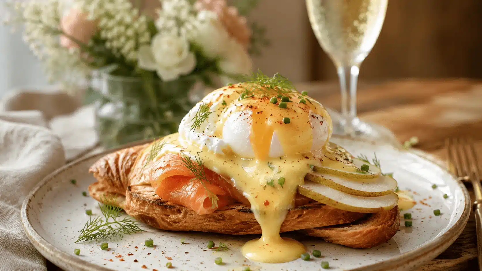 Salmon and Pear Eggs Royale on toasted croissant with Champagne Hollandaise sauce and fresh dill
