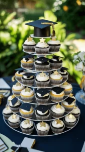 A graduation cupcake tower featuring individually decorated cupcakes with mini caps, diplomas, and stars.