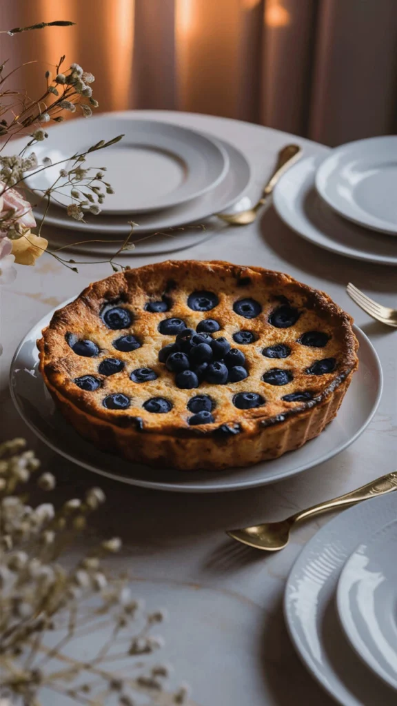 Glistening golden blueberry dessert in a 10-inch baking dish, sprinkled with powdered sugar