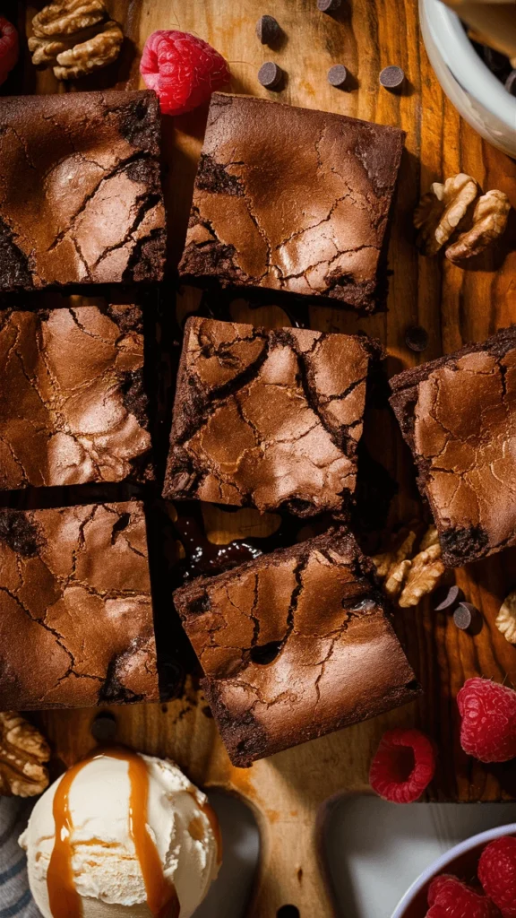 Close-up of a tray of ultimate fudgy brownies with a glossy, slightly cracked surface. The brownies are cut into squares and stacked, showing their dense and gooey texture inside. A knife and a few brownie crumbs are visible nearby, adding a tempting touch to the scene.