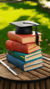 realistic book stack graduation cake with colorful book covers and a graduation cap on top.