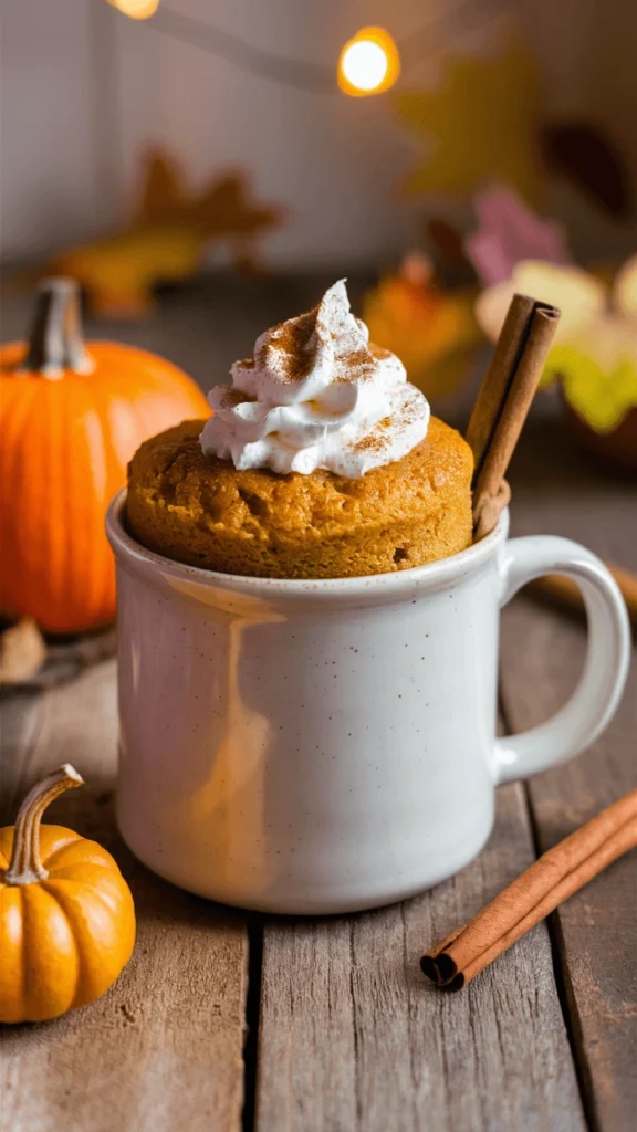 A warm pumpkin spice mug cake topped with whipped cream, sprinkled with cinnamon, and garnished with cinnamon sticks, set on a rustic wooden table with small pumpkins and autumn decor in the background.