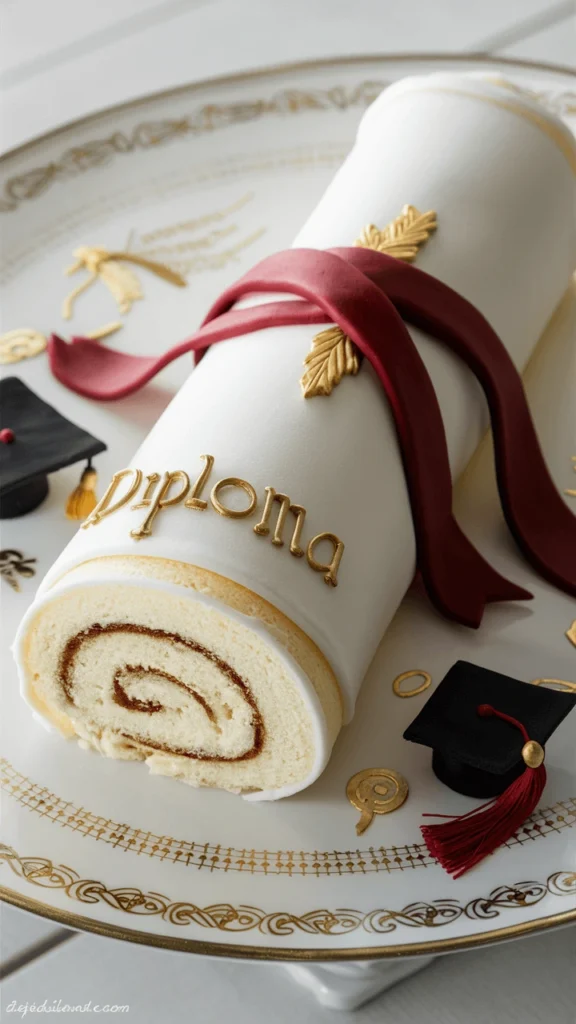 A rolled diploma-shaped cake with white fondant, red ribbon, and gold accents on a decorative plate, featuring detailed designs and graduation-themed elements like miniature caps