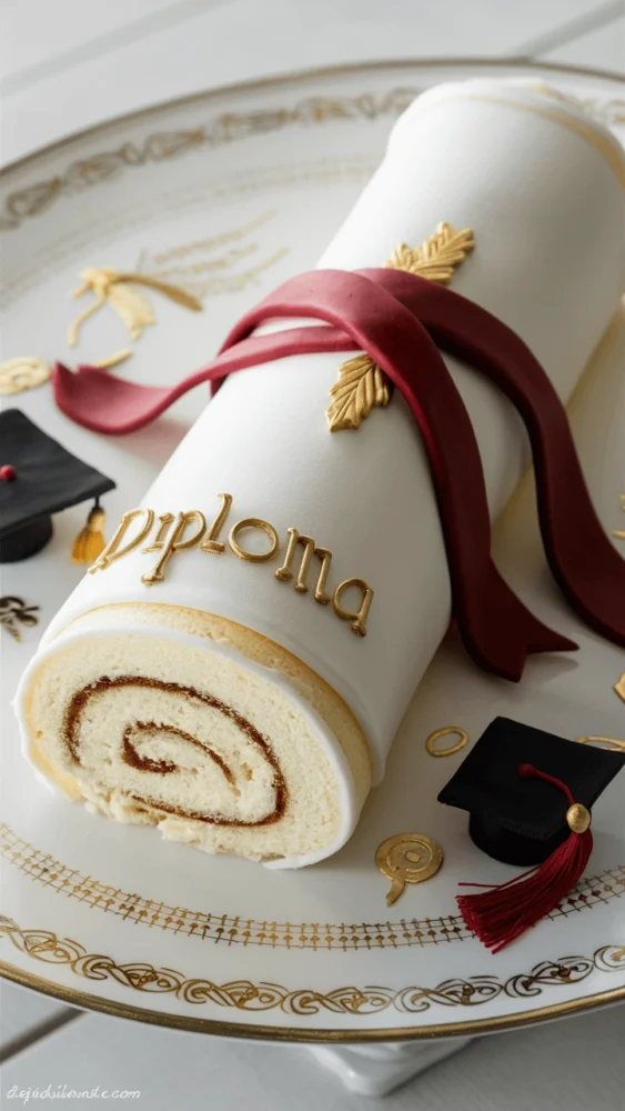 A rolled diploma-shaped cake with white fondant, red ribbon, and gold accents on a decorative plate, featuring detailed designs and graduation-themed elements like miniature caps
