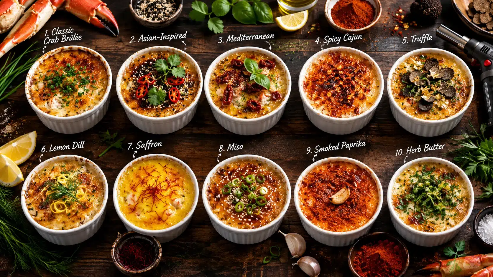 10 crab brûlée recipes in ramekins with caramelized sugar tops, garnished with chives, saffron, truffle, and fresh herbs on a rustic wooden table