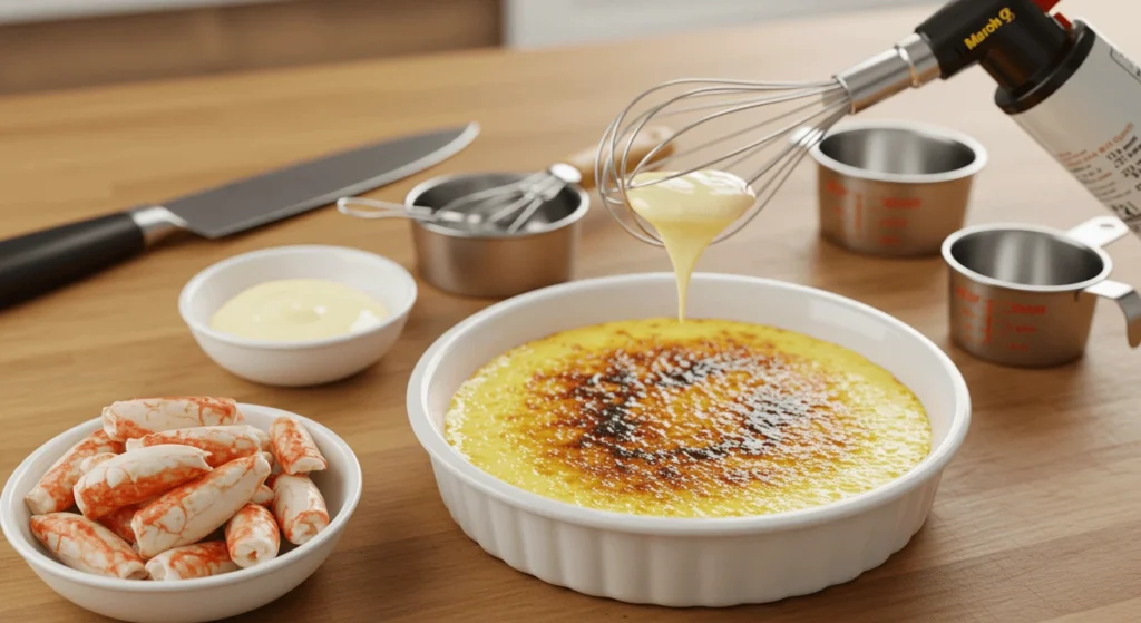 Close-up of creamy crab brûlée recipe in a ramekin, topped with caramelized sugar and fresh herbs, served on a rustic wooden table.