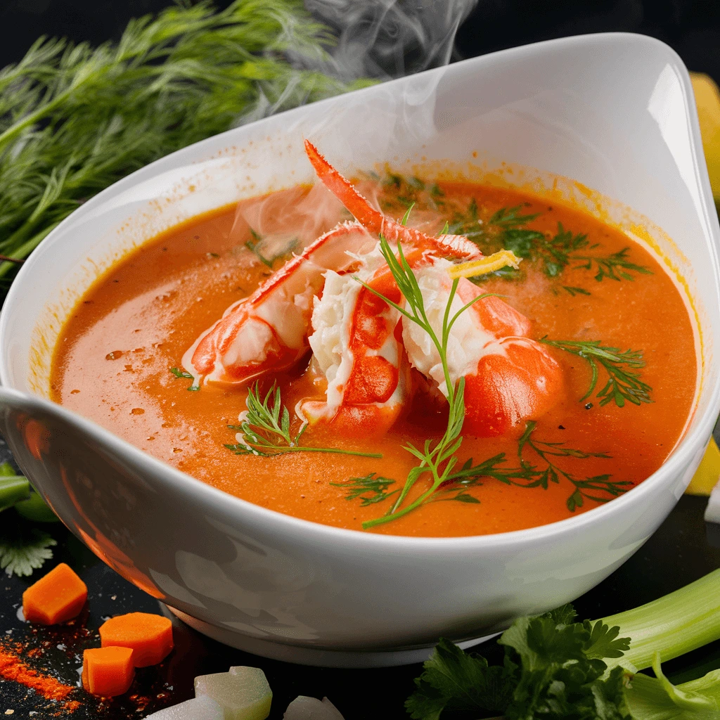 A bowl of creamy lobster bisque garnished with fresh herbs and lobster meat, accompanied by bread slices in the background.