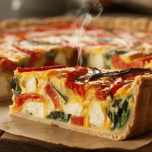 red pepper feta quiche slice golden crust