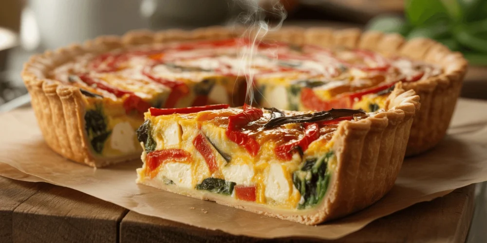 red pepper feta quiche slice golden crust