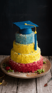 A colorful star-themed graduation cake decorated with fondant stars and vibrant frosting.
