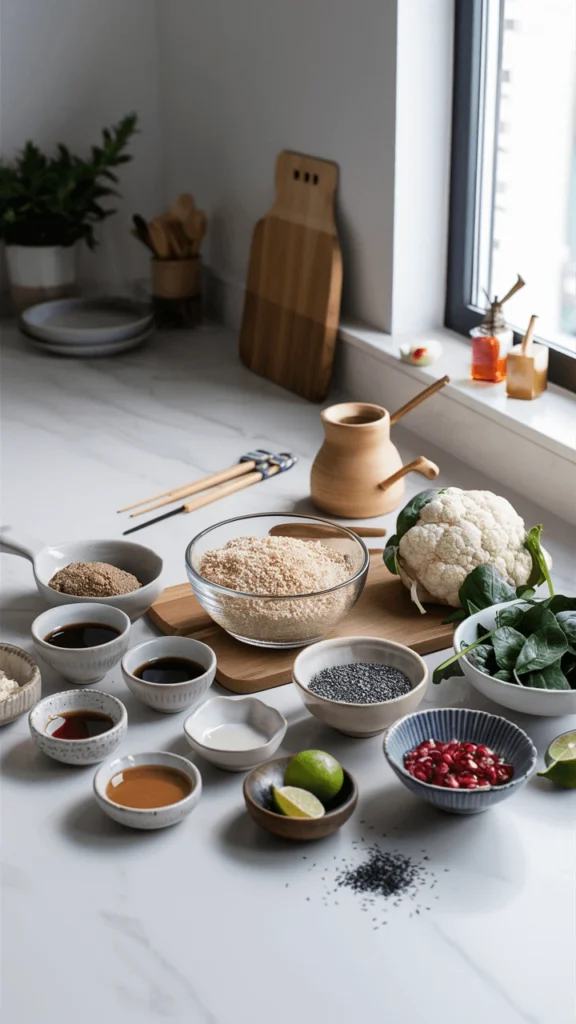 A variety of fresh ingredients for an Asian-fusion quinoa bowl, including miso tempeh, za’atar cauliflower, shiitake mushrooms, quinoa, and tahini-sriracha sauce.