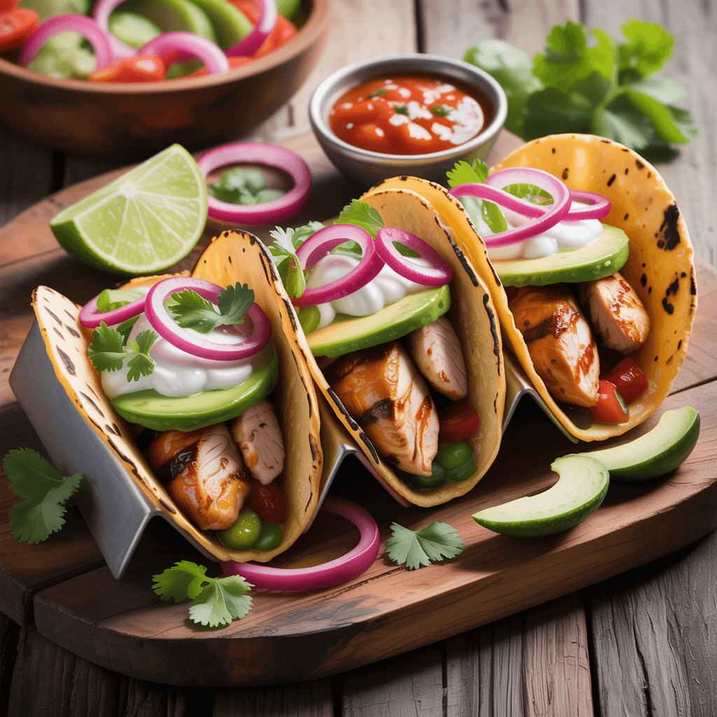 Delicious Chicken Tacos Recipe with grilled chicken, shredded lettuce, diced tomatoes, and cheese.