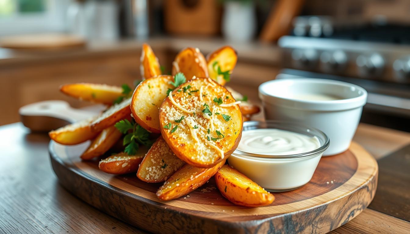 Crispy Baked Garlic Parmesan Potato Wedges, golden and seasoned with garlic and Parmesan cheese.