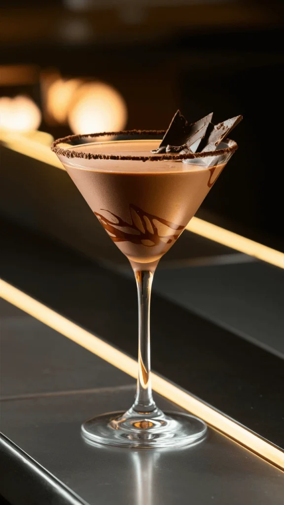 A close-up of a Chocolate Martini, garnished with a chocolate drizzle on the rim and a sprinkle of cocoa powder. The drink is served in a sleek martini glass, set on a wooden table with soft lighting, creating a rich and indulgent atmosphere.