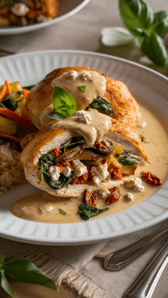 Stuffed chicken breasts with mushrooms, spinach, and ricotta, topped with a creamy sauce and garnished with fresh herbs.