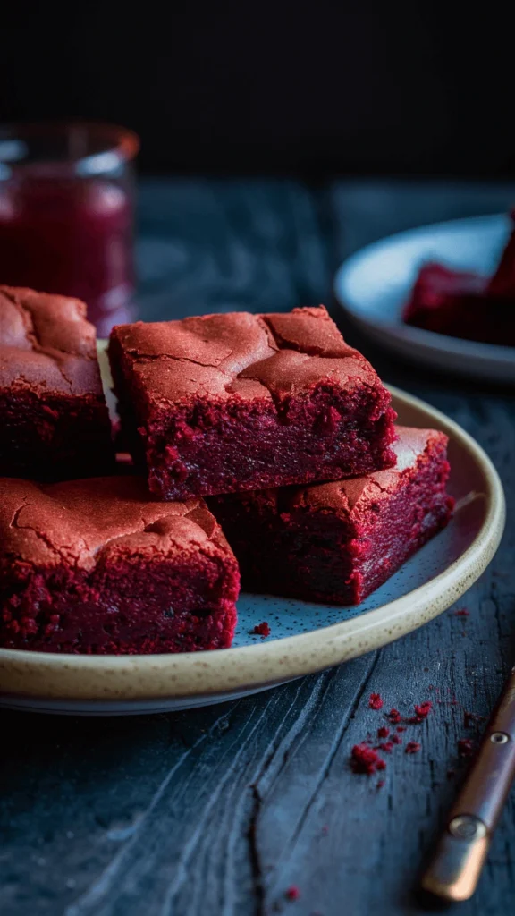 Close-up of fudgy red velvet brownies on a ceramic plate with a dark rustic background.