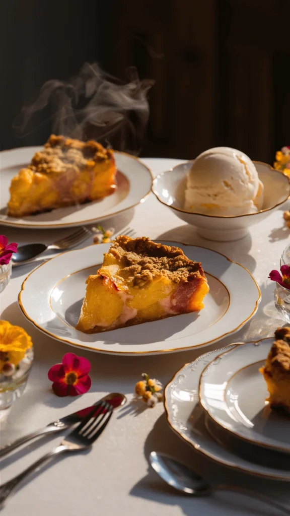 Easy homemade peach crumble with golden oat topping and juicy baked peaches