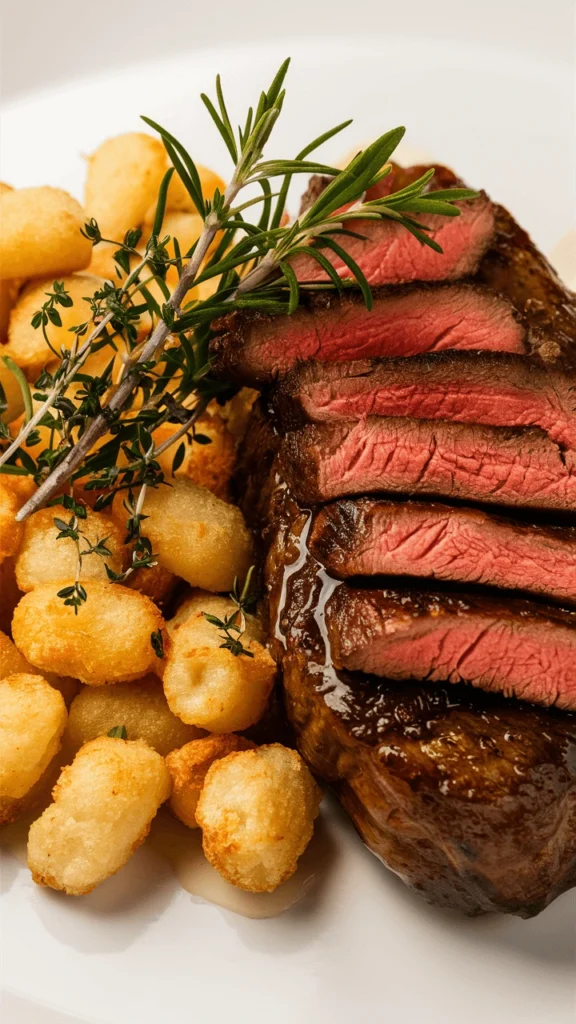 Delicious Beef Recipes with tender steak and crispy gnocchi served together for a gourmet dish.