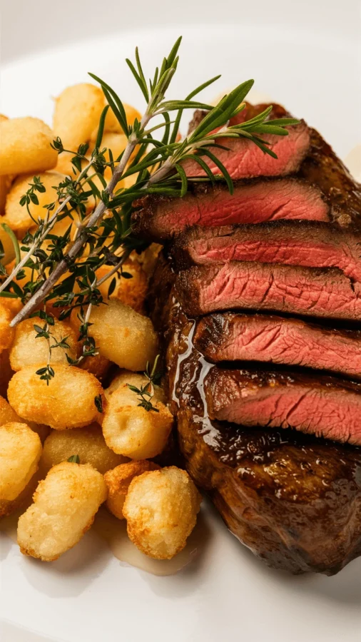 Delicious Beef Recipes with tender steak and crispy gnocchi served together for a gourmet dish.