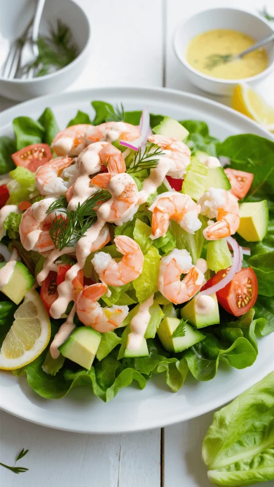 A fresh shrimp salad with avocado, cucumber, red onion, and tomatoes on a bed of crisp lettuce, drizzled with a creamy lemon-dill dressing.