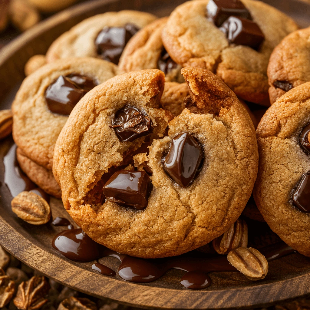 Close-up of Brown Butter Chocolate Chunk Cookies stacked on a plate, showing their golden edges, gooey chocolate chunks, and soft centers