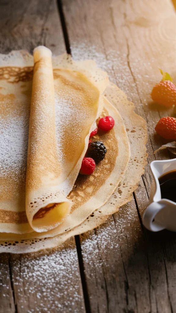 Gluten-Free Pancackes with delicate lacy edges, lightly dusted with powdered sugar, garnished with fresh berries, on a rustic wooden table next to a small jug of syrup.