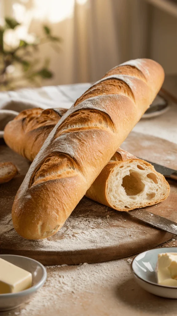 Freshly baked French bread with a golden crust and airy interior, placed on a rustic wooden board with a dusting of flour and butter on the side.
