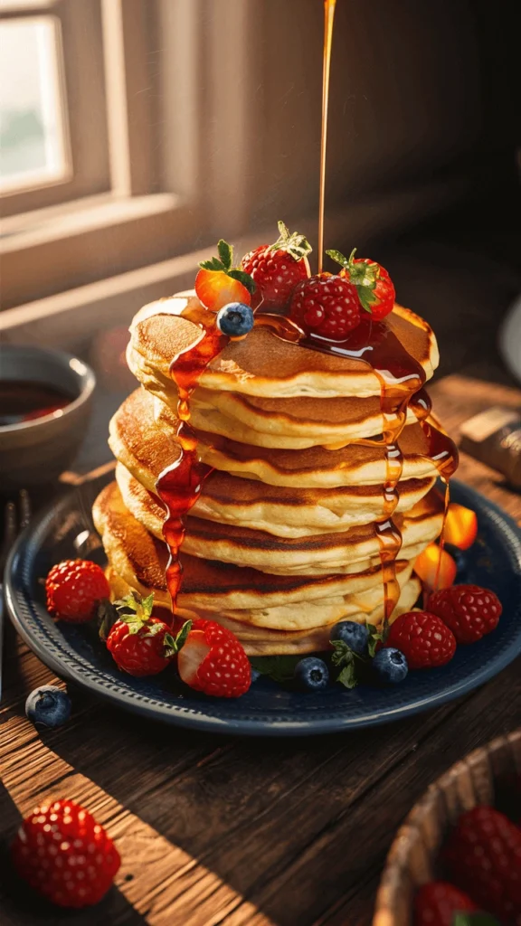 A stack of fluffy, golden pancakes made with hotcakes mix, drizzled with syrup, and topped with fresh berries like strawberries, raspberries, and blueberries, set on a rustic wooden table.