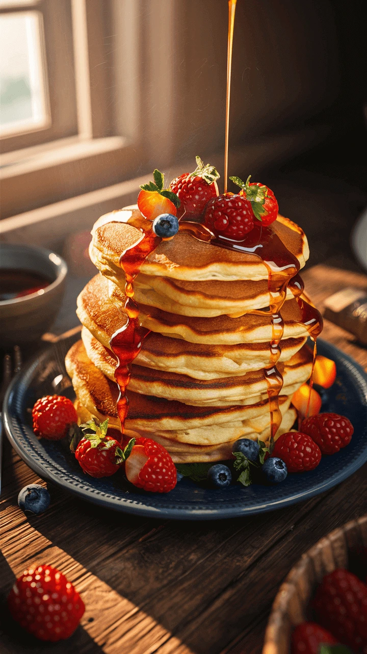 A stack of fluffy, golden pancakes made with hotcakes mix, drizzled with syrup, and topped with fresh berries like strawberries, raspberries, and blueberries, set on a rustic wooden table.
