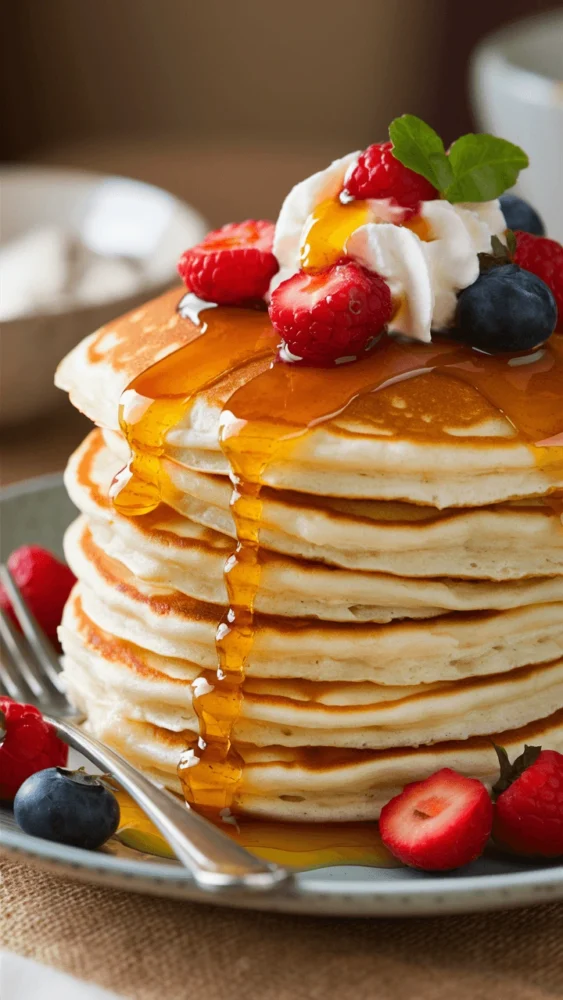 A stack of fluffy pancakes made with an easy pancake recipe, topped with maple syrup, fresh berries, and whipped cream. This easy pancake recipe creates light, airy pancakes that are perfect for breakfast.