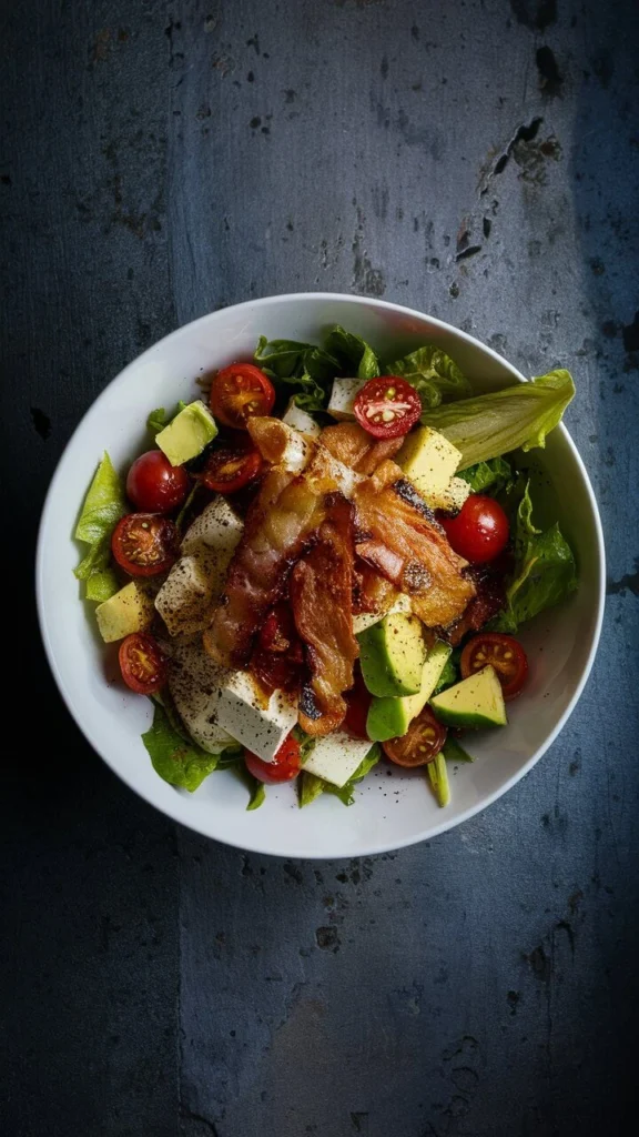 A bowl of Rustic Bacon & Avocado Bistro Salad featuring crispy bacon, fresh avocado, cherry tomatoes, and mixed greens, served with a creamy dressing.