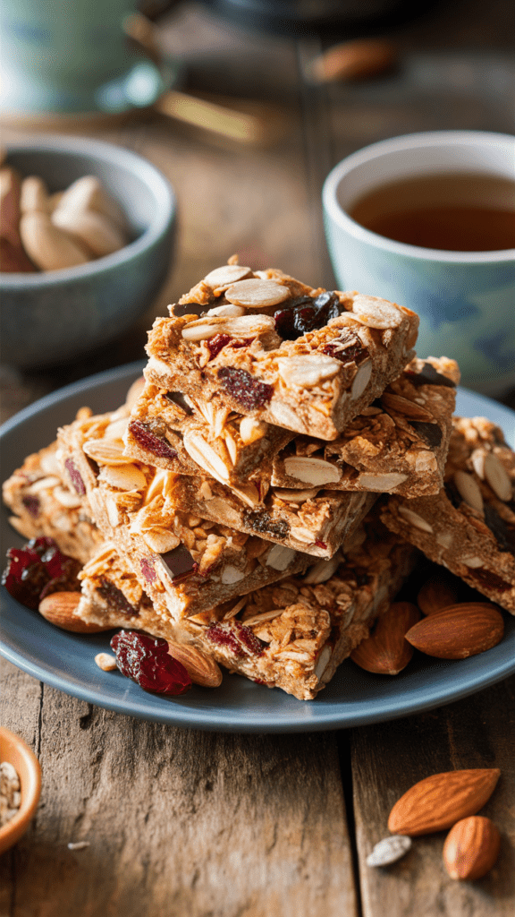 High-Protein Trail Mix Bars with nuts, seeds, and dried fruits, stacked on a rustic wooden table.