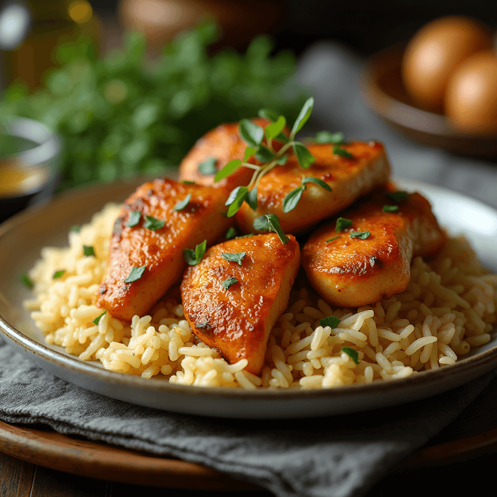 Best chicken and rice recipe served in a skillet, featuring golden-brown chicken thighs over fluffy, seasoned rice with vegetables.