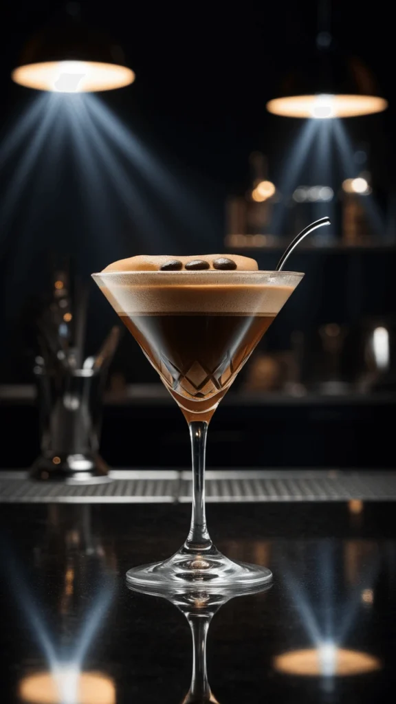 A close-up of an Espresso Martini in a sleek martini glass, topped with three coffee beans. The drink has a rich, dark coffee hue and is set against a dimly lit background, emphasizing its smooth, elegant presentation.