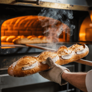 Freshly baked French bread with a golden crust and airy interior, placed on a rustic wooden board with a dusting of flour and butter on the side.