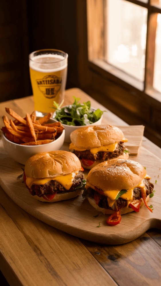 Three spicy pepper jack beef melts on a wooden serving board with a side of sweet potato fries, a small green salad, and a glass of craft beer on a rustic wooden table by a window.