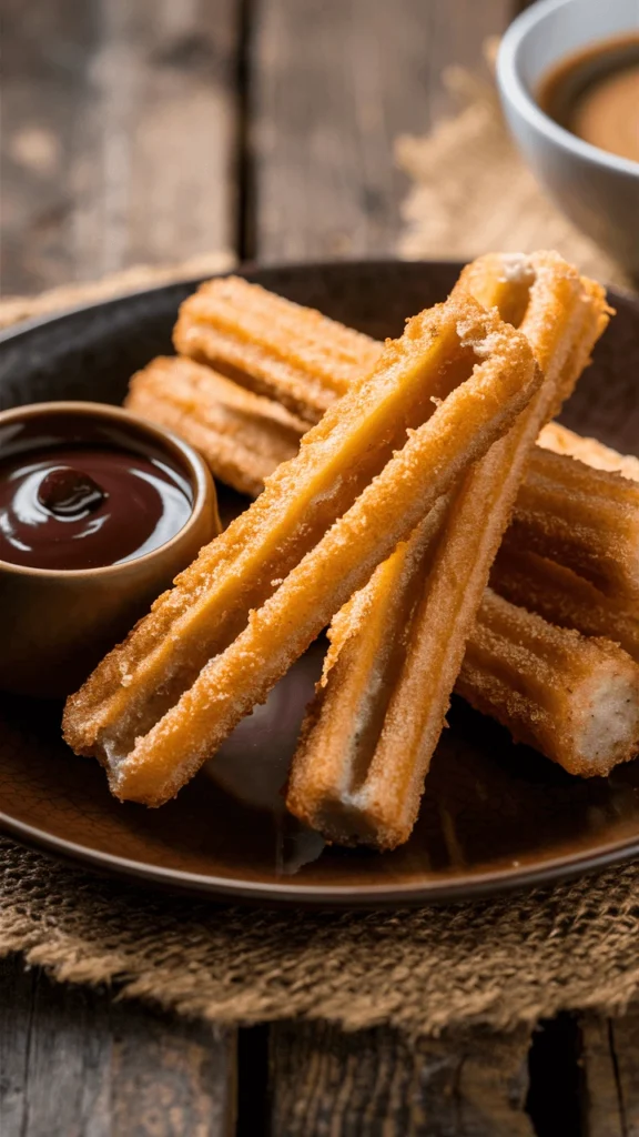 Golden and crispy churros coated with sugar and cinnamon, served with chocolate dipping sauce.