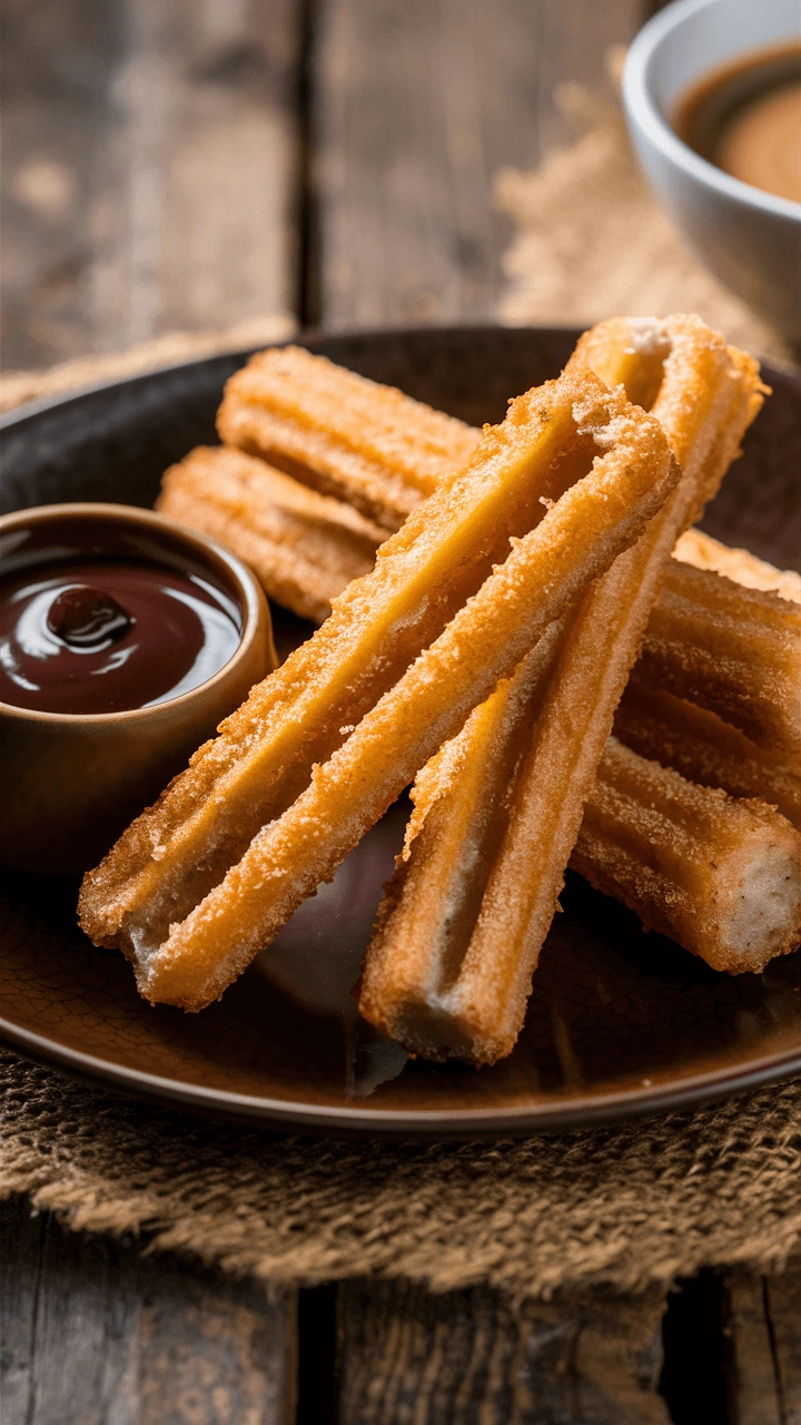 Golden and crispy churros coated with sugar and cinnamon, served with chocolate dipping sauce.