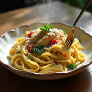 A steaming plate of Marry Me Chicken Pasta with creamy sauce, sun-dried tomatoes, and fresh basil.