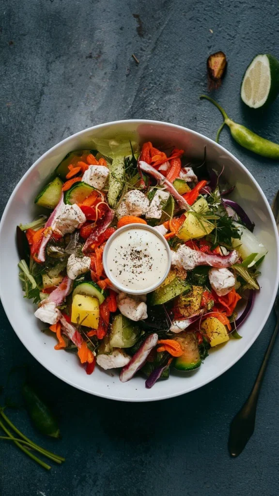 Nordic smoked herring and salmon potato salad with fresh vegetables in creamy dressing, garnished with dill