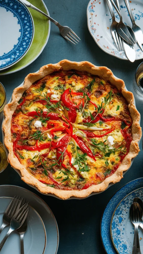 Red pepper and feta cheese quiche with golden crust and creamy filling, sliced to reveal vibrant roasted peppers and crumbly feta inside.