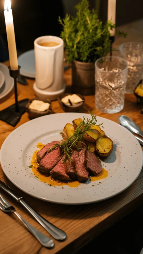 Plate of sliced round steak with a yellow sauce, accompanied by roasted potatoes and garnished with fresh herbs, served on a wooden table with lit candles and a cozy setting.