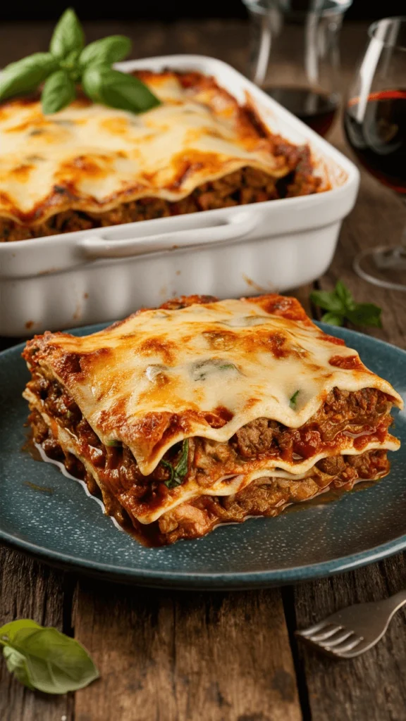 A close-up of the best lasagna with three meats, golden melted cheese, and rich tomato sauce in a white ceramic dish.